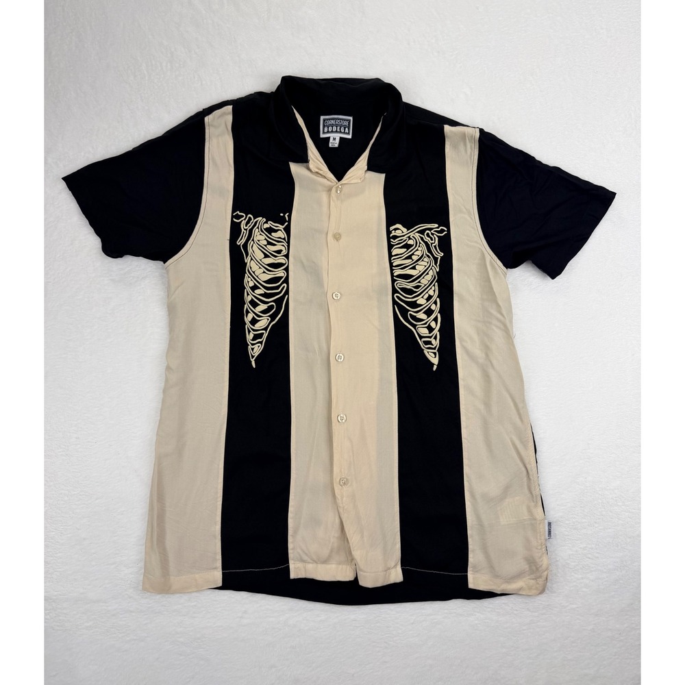 Cornerstore Bodega Mens Skeleton Rib Cage Bowling Shirt Black Cream Viscose M
